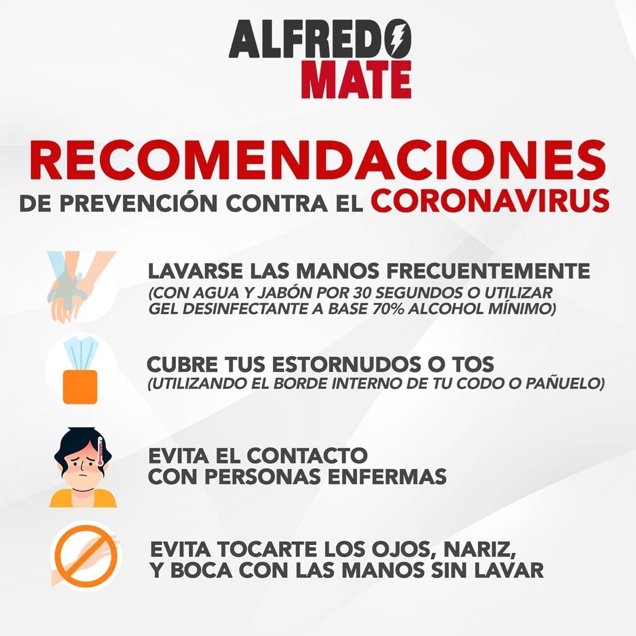 Lanza Alfredo Mate recomendaciones para evitar propagación del coronavirus 
