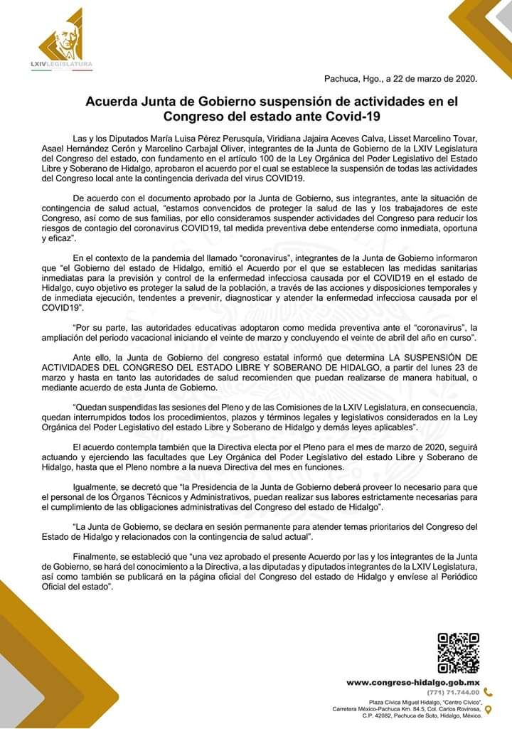Suspenden sesiones de pleno y de comisiones del Congreso de Hidalgo por coronavirus