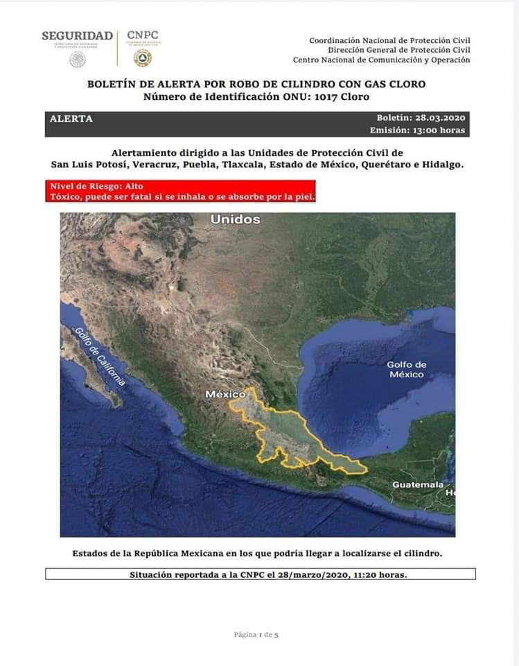 Emiten alerta en 7 estados por robo de cilindros con Gas Cloro en Tlahuelilpan Hidalgo 