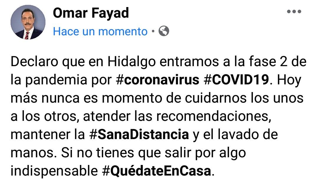 Hidalgo en fase dos por pandemia de Covid-19: Omar Fayad