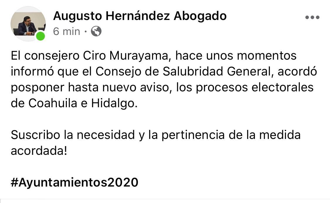 Por coronavirus posponen elecciones de Hidalgo y Coahuila hasta nuevo aviso