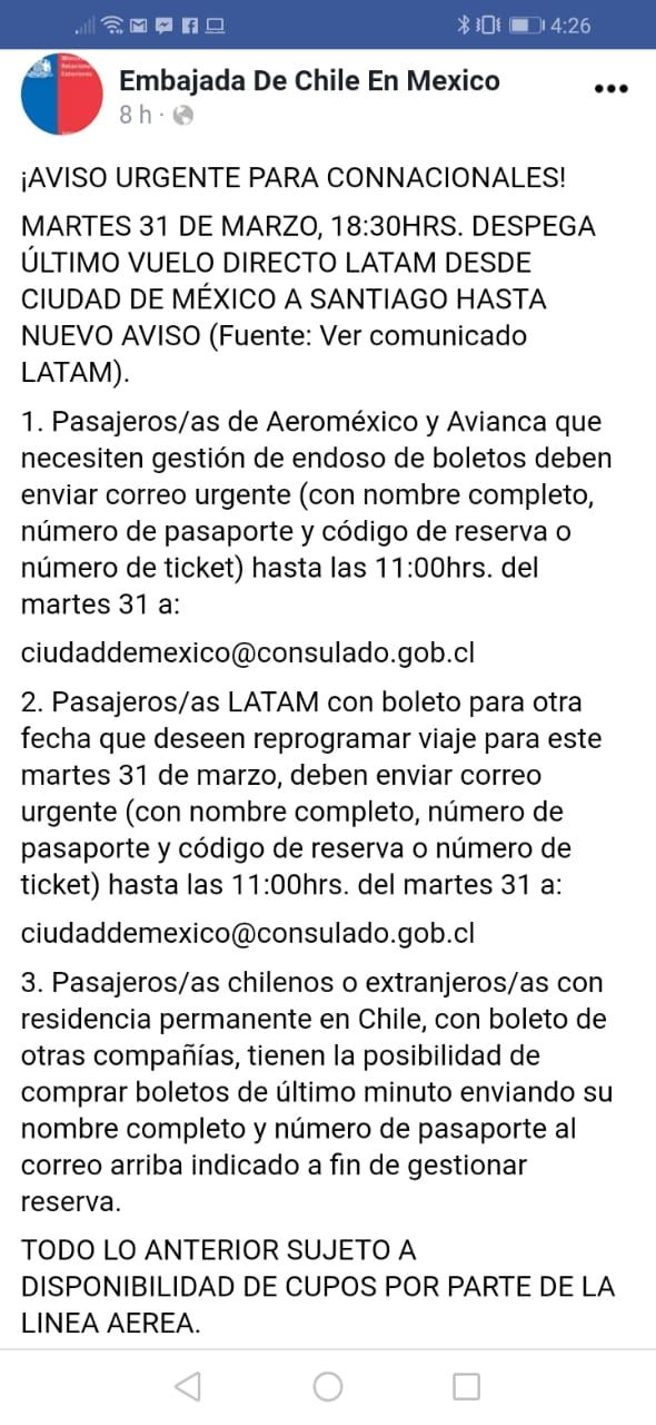 Embajada de Chile en México anuncia salida de último vuelo para personas varadas en el AICDMX por Covid-19