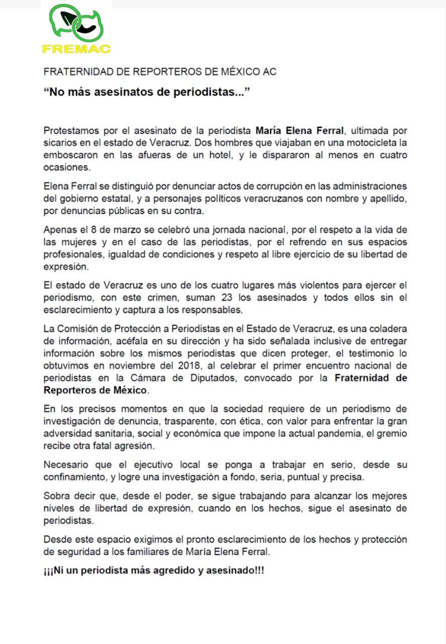FREMAC exige justicia y ’No más asesinatos de Periodistas en México.’