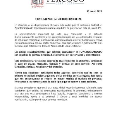 Gobierno municipal de Texcoco emite comunicado al sector comercial