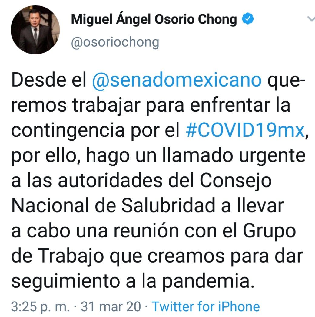 El senador Miguel Ángel Osorio Chong hizo un llamado urgente al Consejo de Salubridad General para para reunirse con el Grupo de Trabajo del Senado de la República