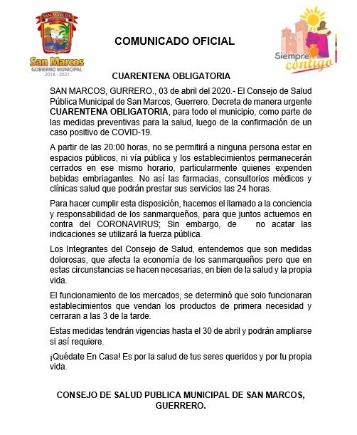 Decreta Consejo Municipal de Salud de San Marcos cuarentena obligatoria 