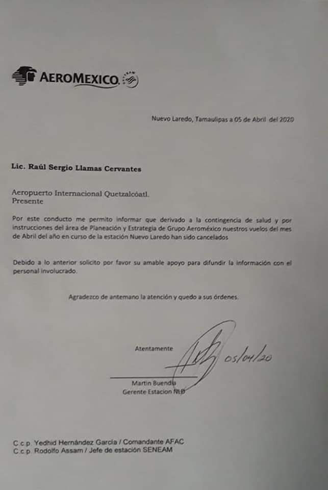 Cancelan vuelos de Aeroméxico a Nuevo Laredo por Covid-19