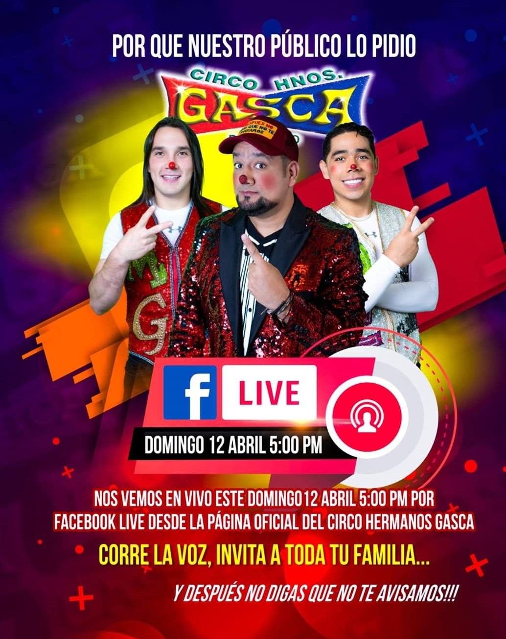 
Circo Hermanos Gasca función gratis  facebook live hoy Domingo 12 abril. 