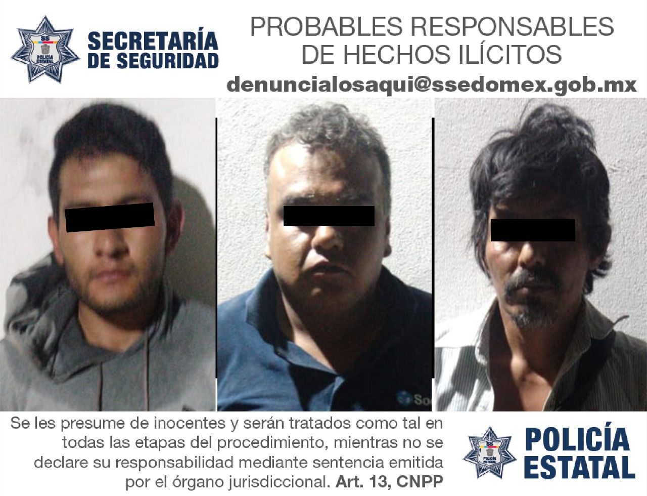 Detuvieron a tres presuntos delincuentes en Ixtapaluca. SSP