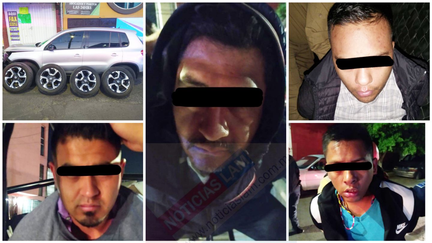 Detienen a cuatro sujetos cuando robaban las llantas de una camioneta, en Coacalco