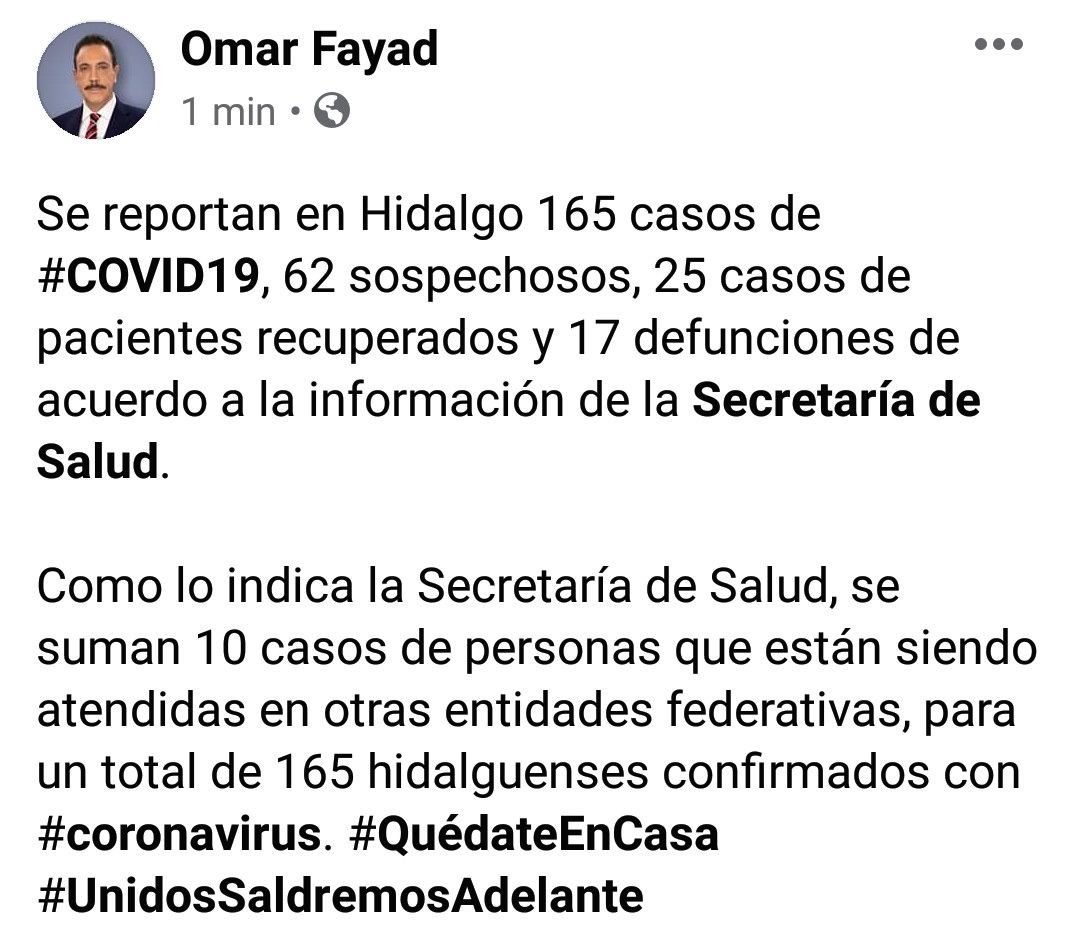 En Hidalgo sube de 155 a 165 casos de personas contagiadas por Covid 19 en las últimas 24 horas