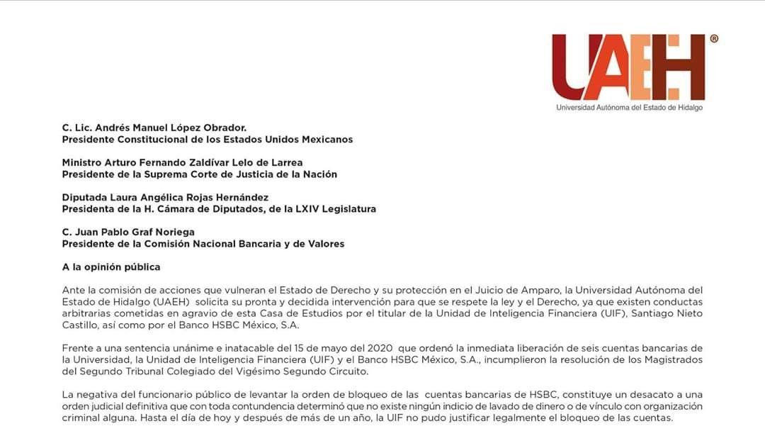 UAEH pide destitución de Santiago Nieto de la UIF por mantener bloqueo de 6 cuentas de banco por un monto de 151 mdd pese a ordenamiento judicial