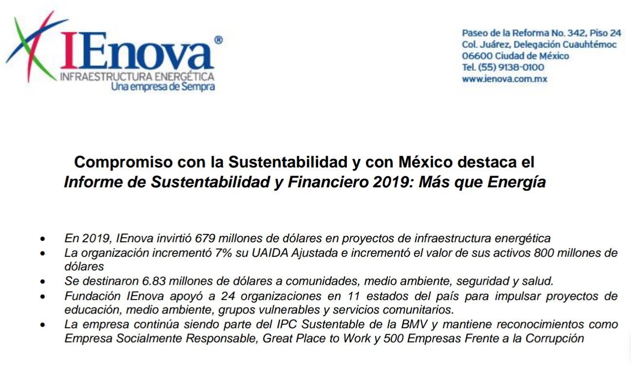 Compromiso con la Sustentabilidad y con México destaca el Informe de Sustentabilidad y Financiero 2019: Más que Energía 