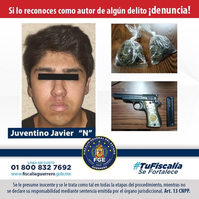 Fiscalia Guerrero, captura en  flagrancia a Juventino Javier "N", en posesión de droga y arma de fuego en Chilpancingo.