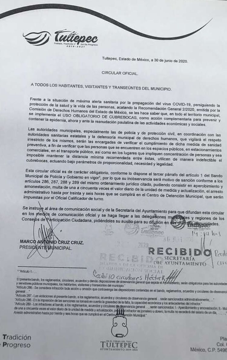 Arresto o multa en Tultepec a quien no utilice cúbrebocas en el  municipio 