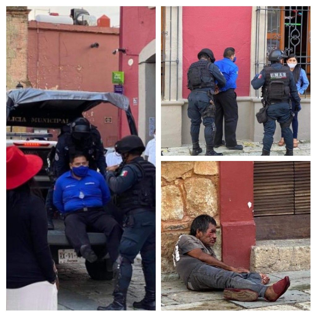 Guardia de seguridad golpea salvajemente a indigente en Oaxaca, ya está en la cárcel
