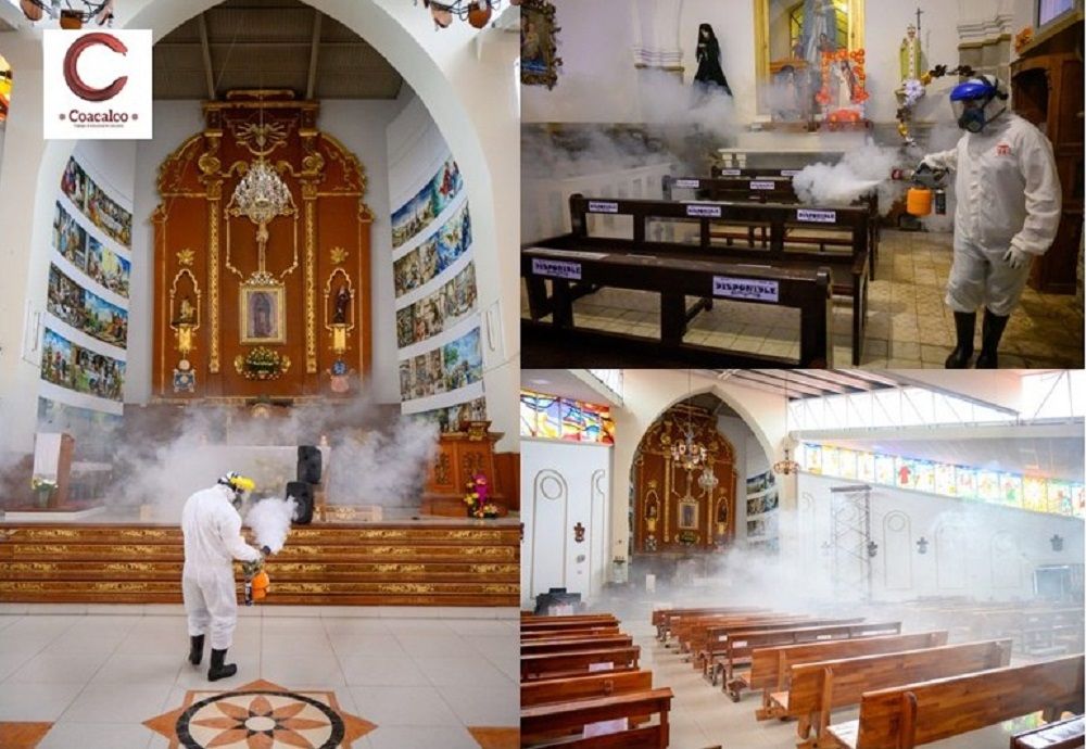 Sanitizan centros religiosos en Coacalco