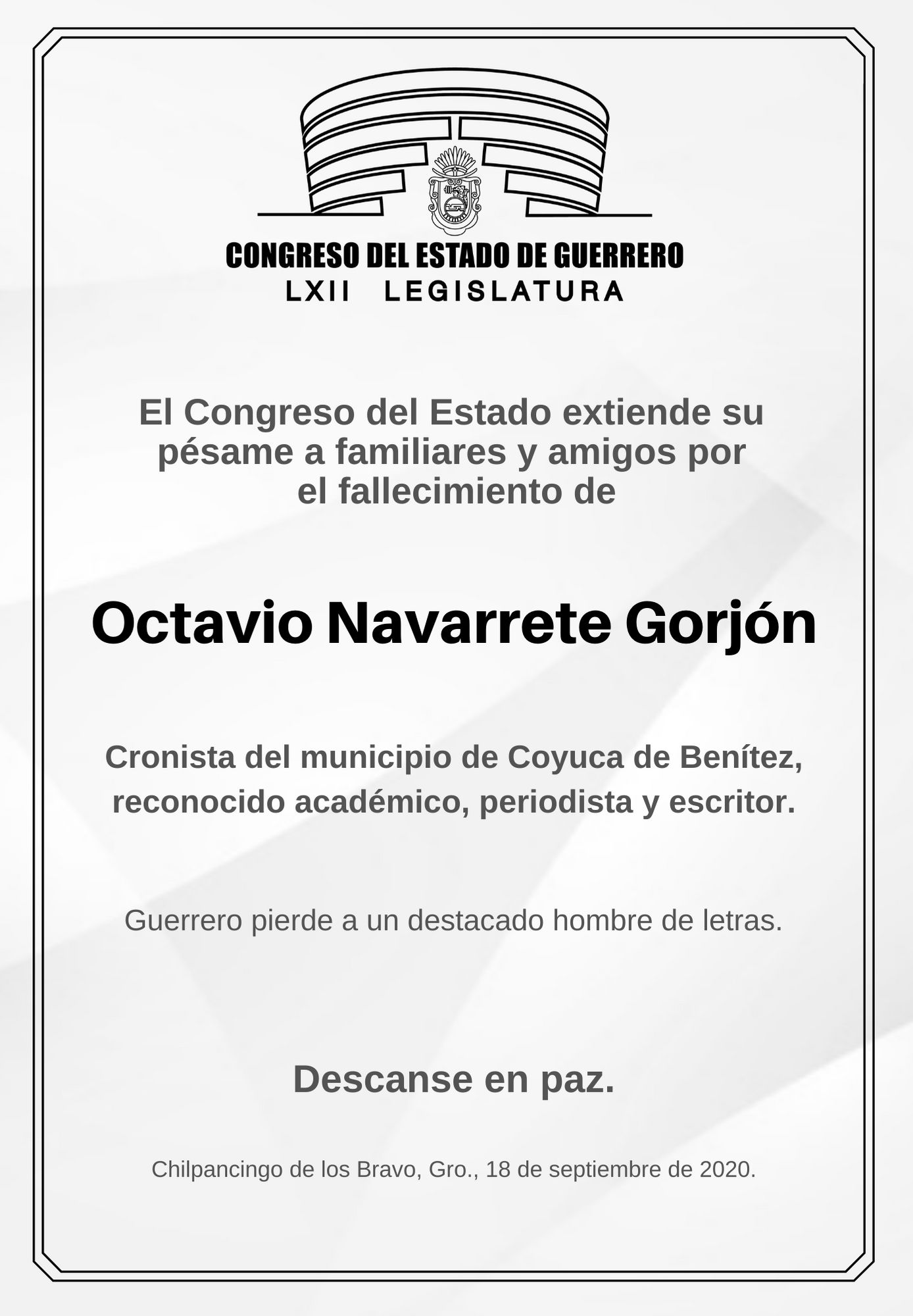 Lamenta el Congreso de Guerrero fallecimiento del escritor Octavio Navarrete 
