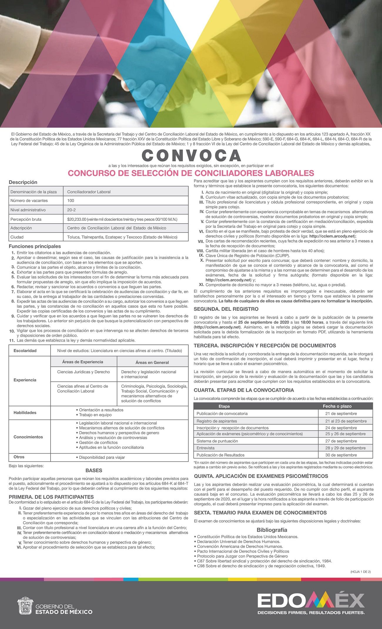 Pública centro estatal de conciliación convocatoria para cubrir 100 vacantes de conciliador laboral