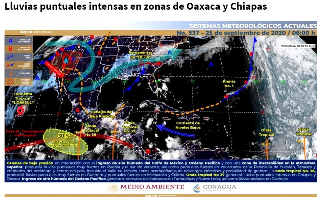 Lluvias puntuales intensas en zonas de Oaxaca y Chiapas