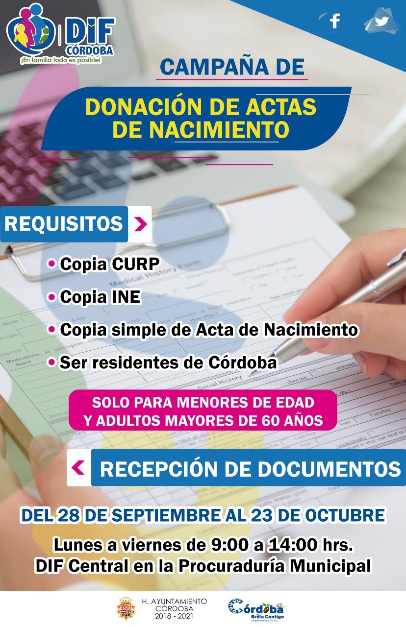 

*Emprende DIF y Registro Civil de Córdoba primera Campaña de Donación de Actas de Nacimiento*
