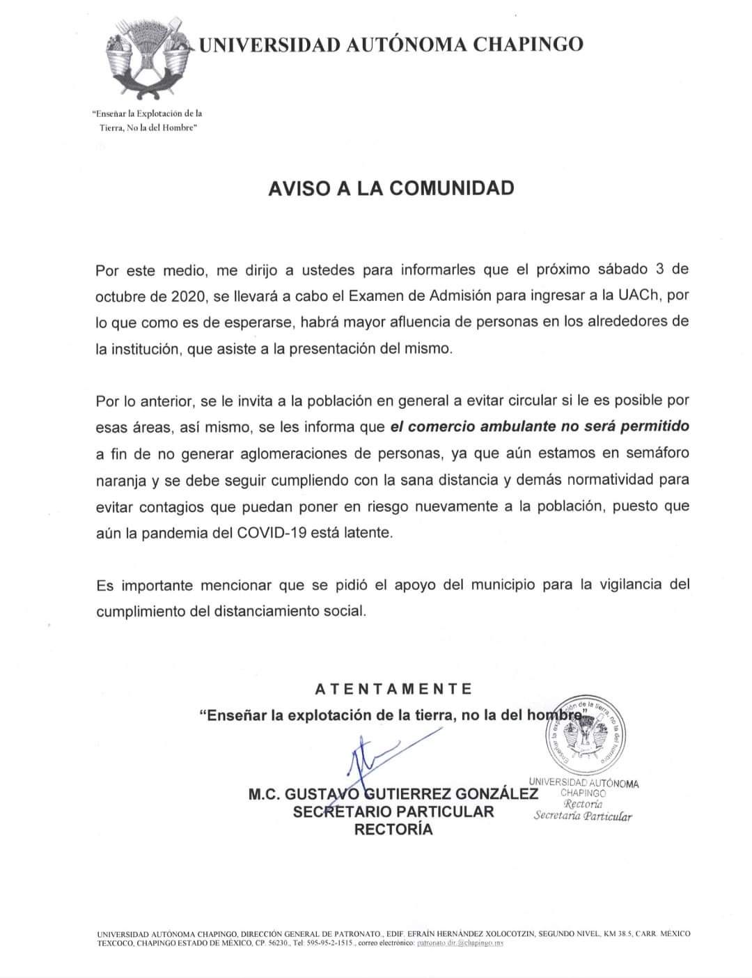 Comunicado oficial de la Universidad Autónoma Chapingo en relación a la presentación del examen de admisión