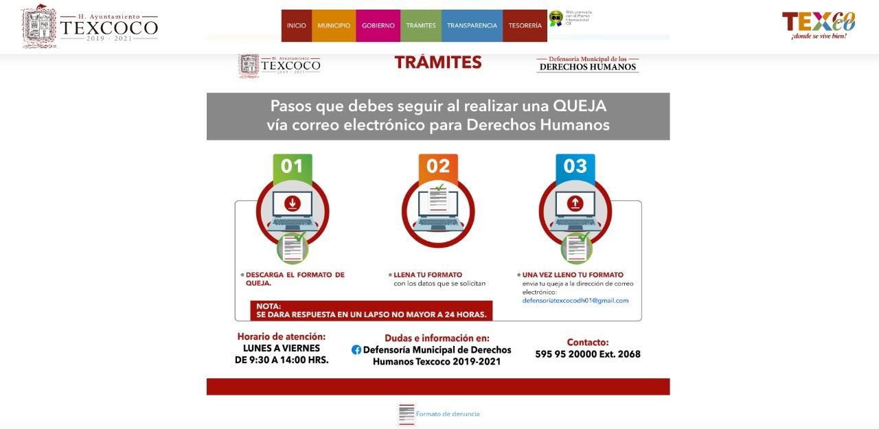 Botón para quejas en Defensoría Municipal de Derechos Humanos en página Web de Texcoco