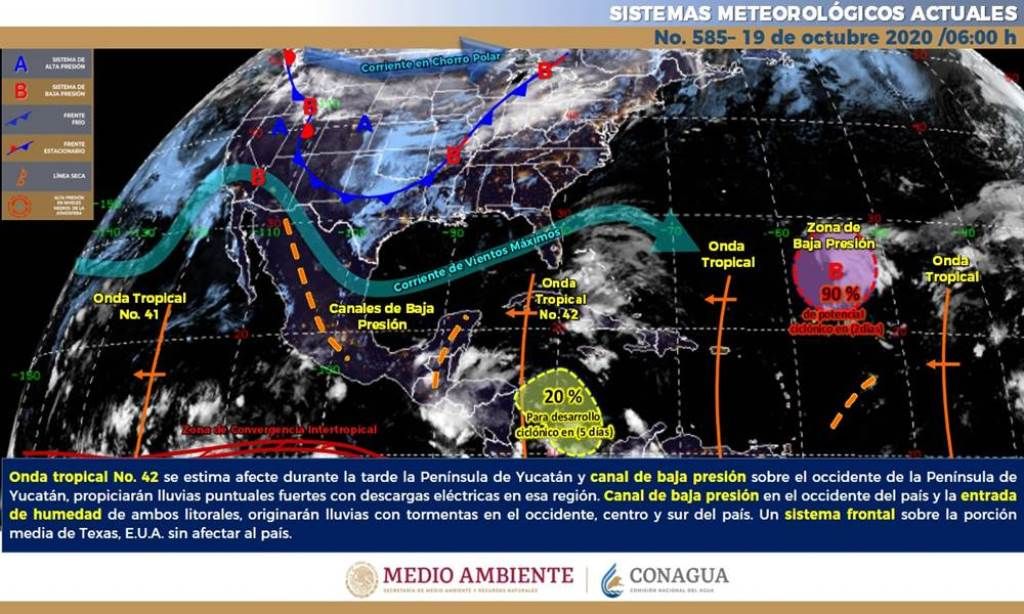 Lluvias puntuales fuertes en zonas de Veracruz, Chiapas, Tabasco. Yucatán y Q. Roo