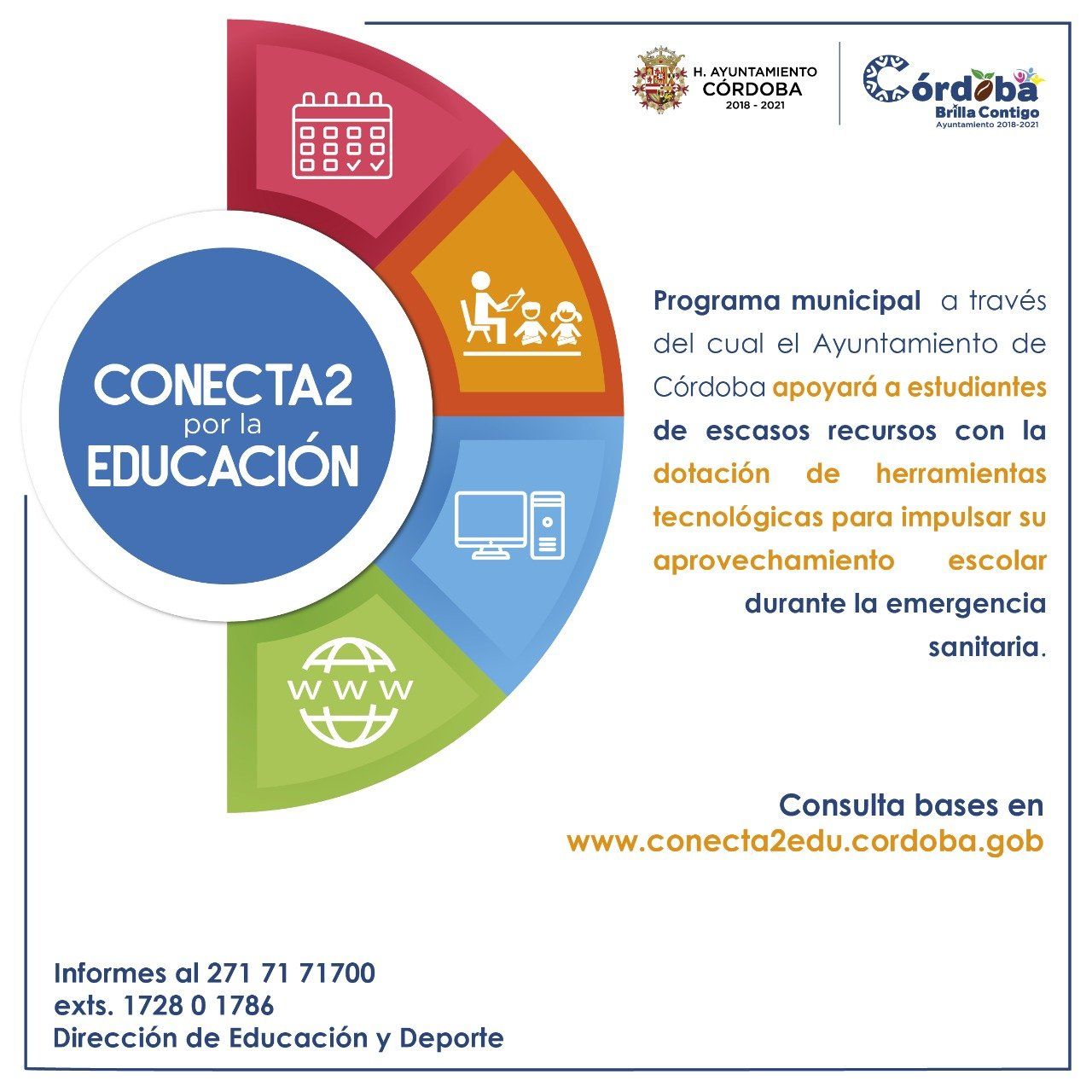 Invita Ayuntamiento de Córdoba a inscribirse a Conecta2 por la Educación para solicitar donación de equipos de cómputo