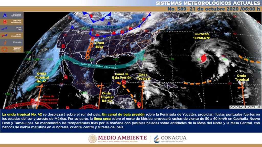 El paso de la onda tropical No.42 ocasionará lluvias puntuales fuertes en el sureste del país y la península de Yucatán