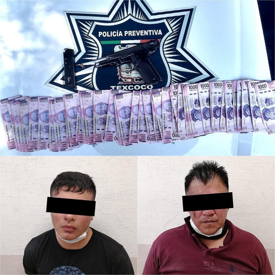 Policías municipales de Texcoco detienen a dos asaltantes de cuentahabientes que  habían asaltado y baleado a persona de la tercera edad
