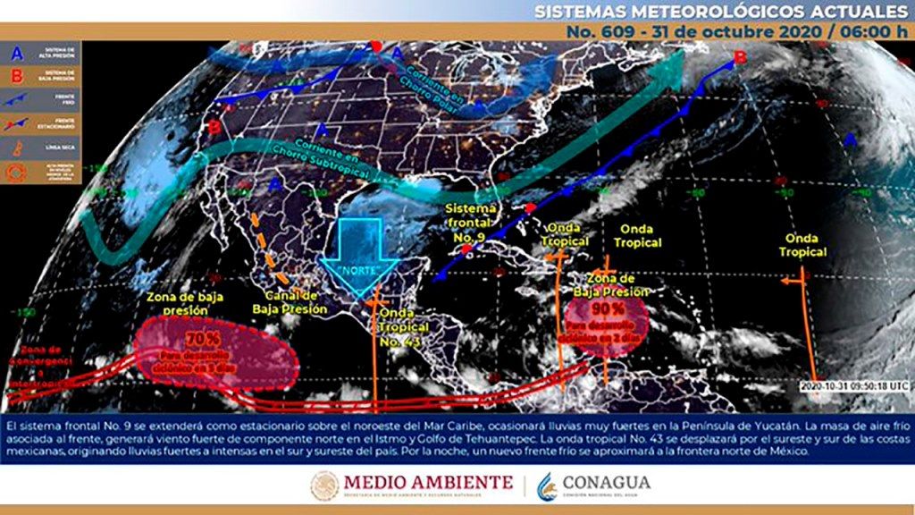 Lluvias muy fuertes a intensas en el sureste de México y en la Península de Yucatán