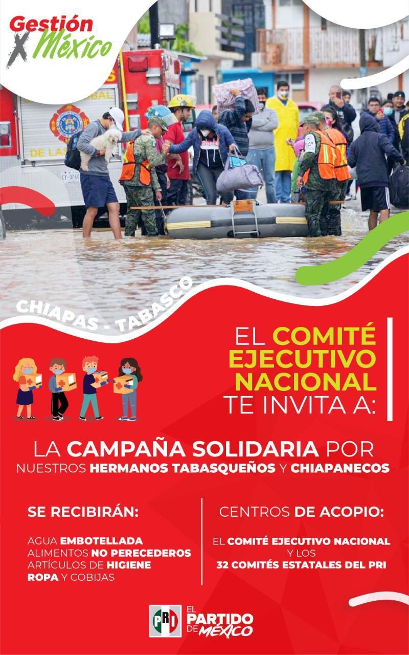 PRI nacional y comités estatales se convierten en centros de acopio para ayudar a familias de Tabasco y Chiapas 
