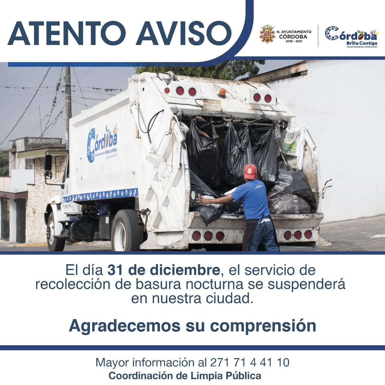 Por días festivos suspenderán servicio de limpia pública en Córdoba