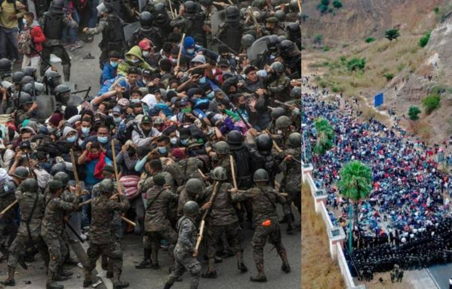Frenan caravana de migrantes a garrotazos... en Guatemala