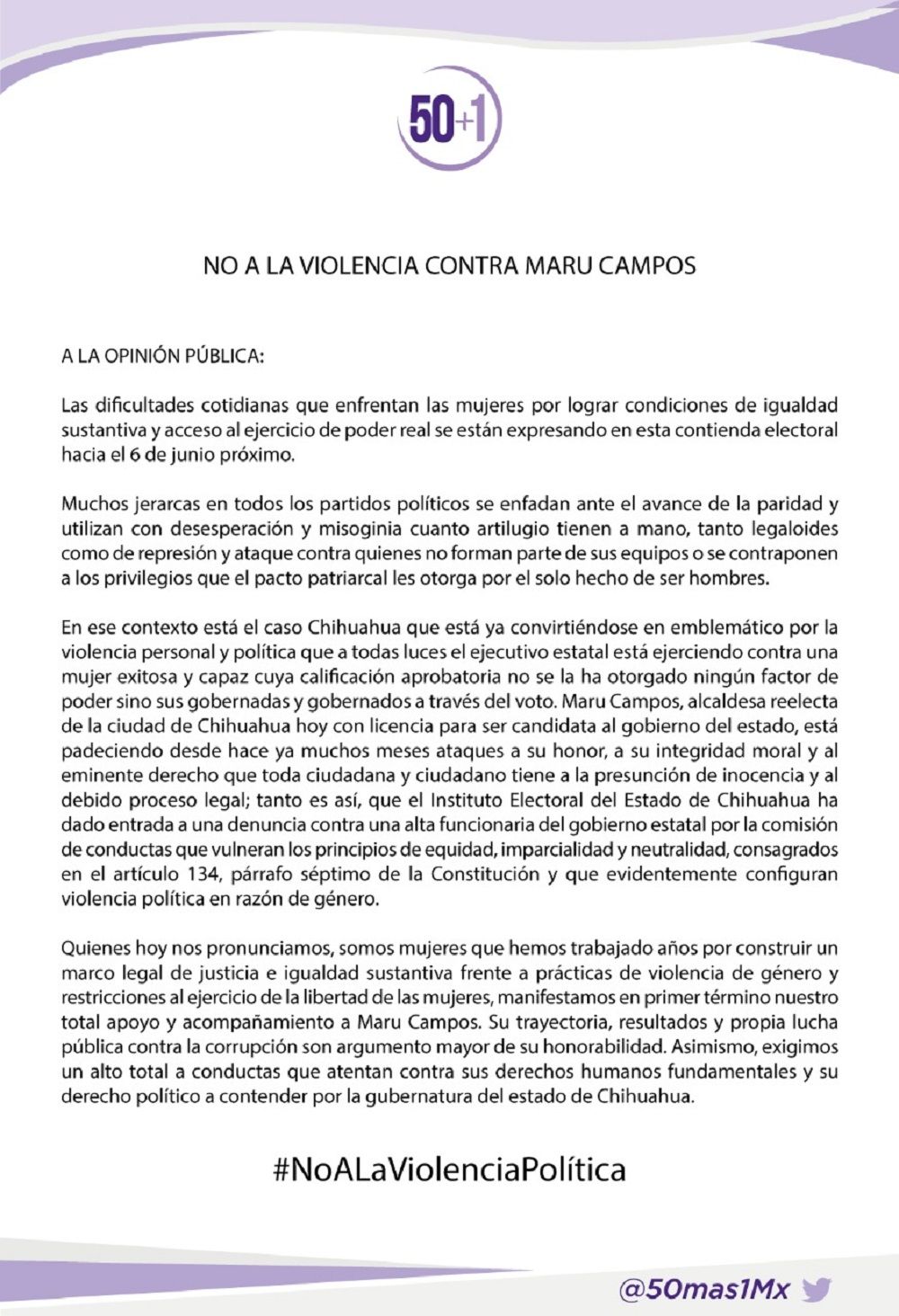 Colectivo 50+1 acusa violencia política contra Maru Campos
