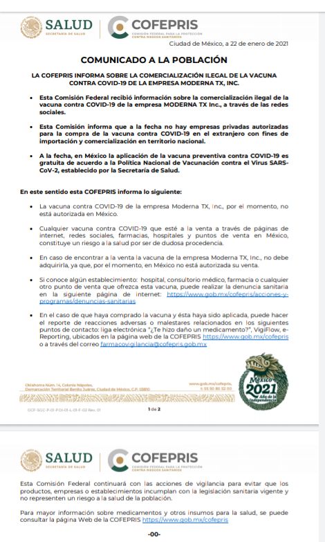 Alerta COFEPRIS que vacuna contra covid-19 de MODERNA aún no está autorizada en México