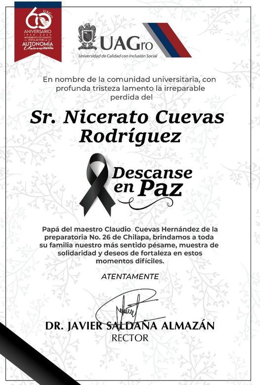 Envía Javier Saldaña sus condolencias al Mtro. Claudio Cuevas Hernández por el sensible fallecimiento de su señor padre Nicerato Cuevas Rodríguez.