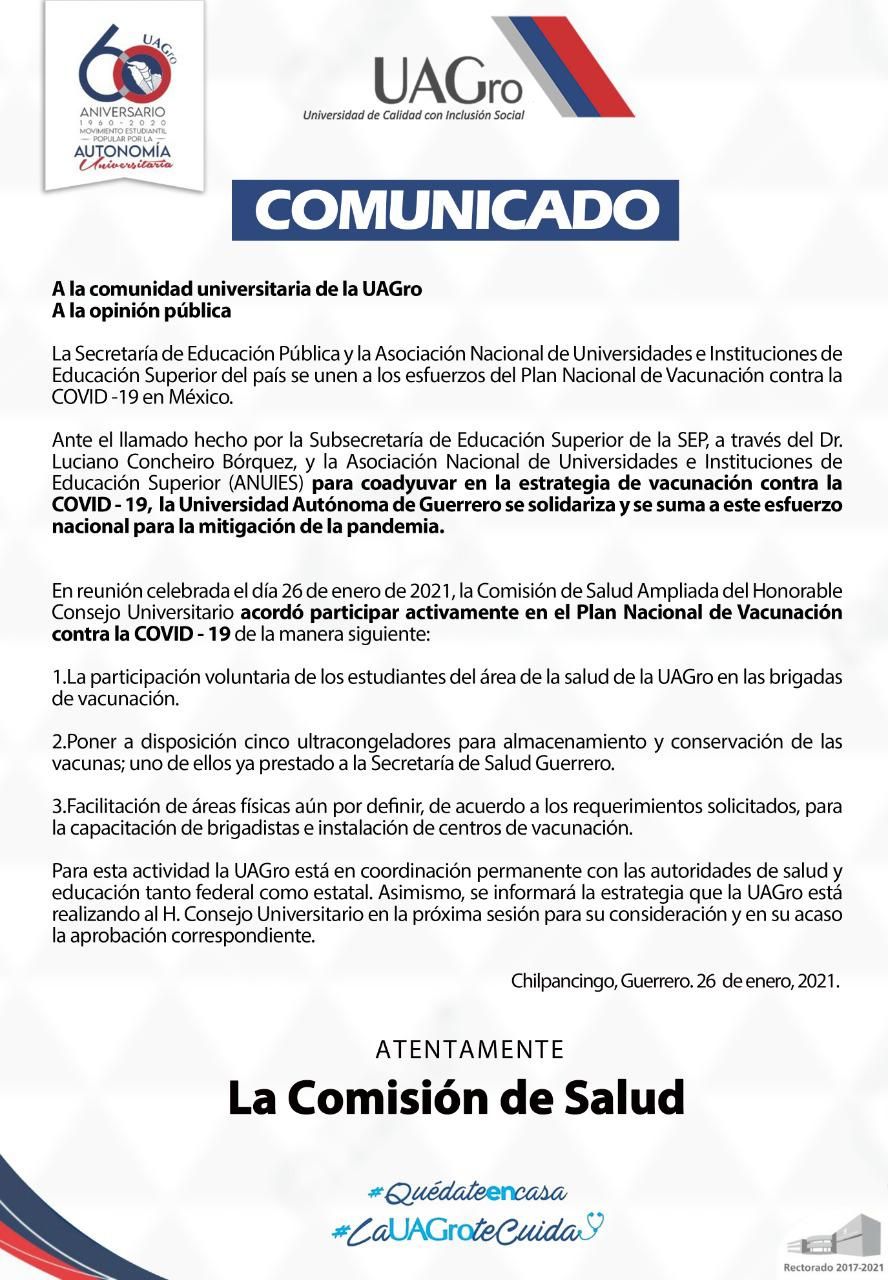 Se suma la UAGro al programa nacional de vacunación contra la Covid-19, que encabeza el Gobierno de México