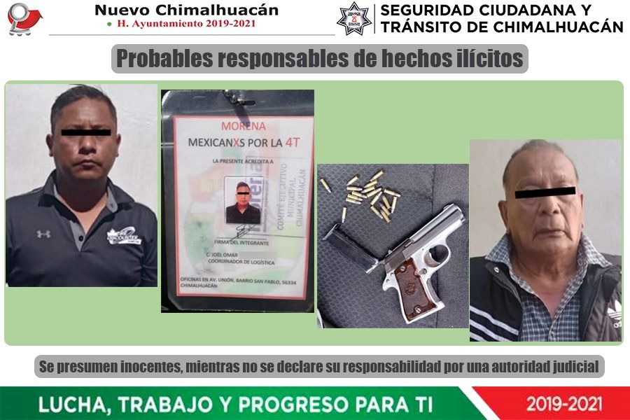 Detienen en Chimalhuacán a dos militantes de MORENA que portaban un arma de fuego y cartuchos
