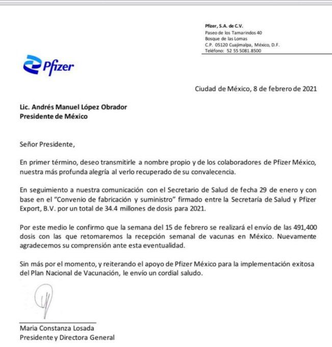Pfizer envía carta a AMLO para informar sobre reinicio de suministro de vacunas a México: Ebrard

