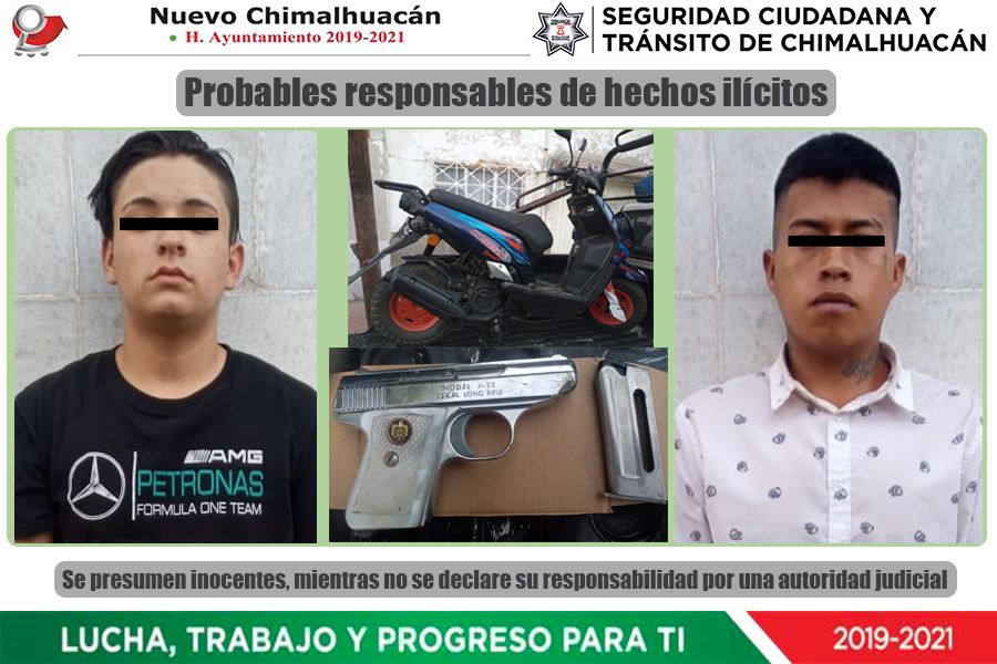 Policías de Chimalhuacán capturan a dos por robo de motocicleta con arma de fuego