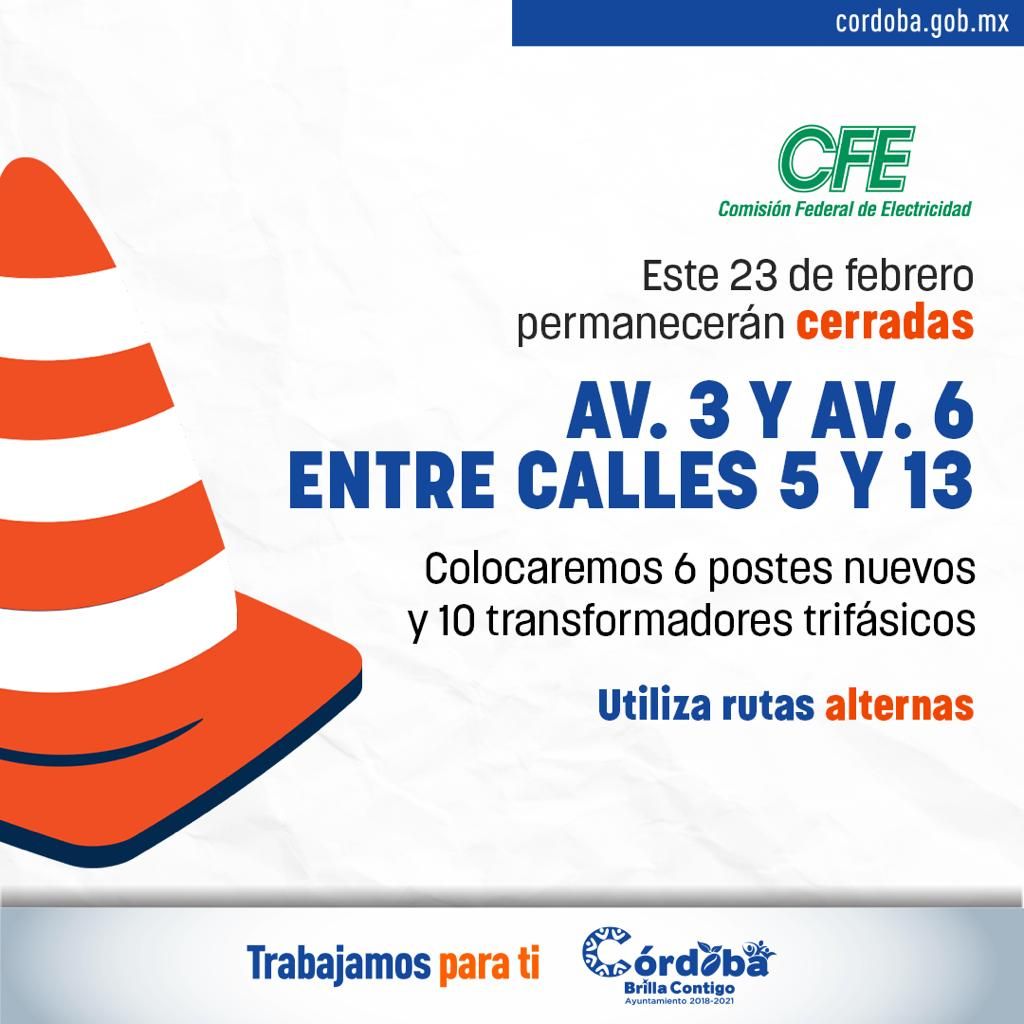 Alerta Ayuntamiento de Córdoba ante cierre intermitente de circulación por trabajos de CFE en tres puntos del centro de la ciudad