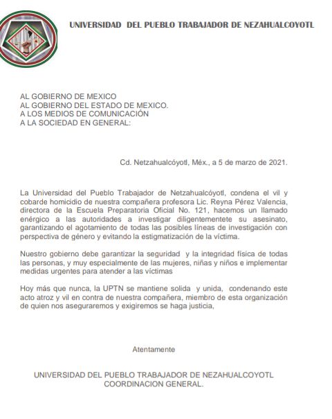La UPT de Nezahualcóyotl, hace un llamado enérgico a las autoridades a investigar diligentemente el homicidio de Reyna Pérez Valencia