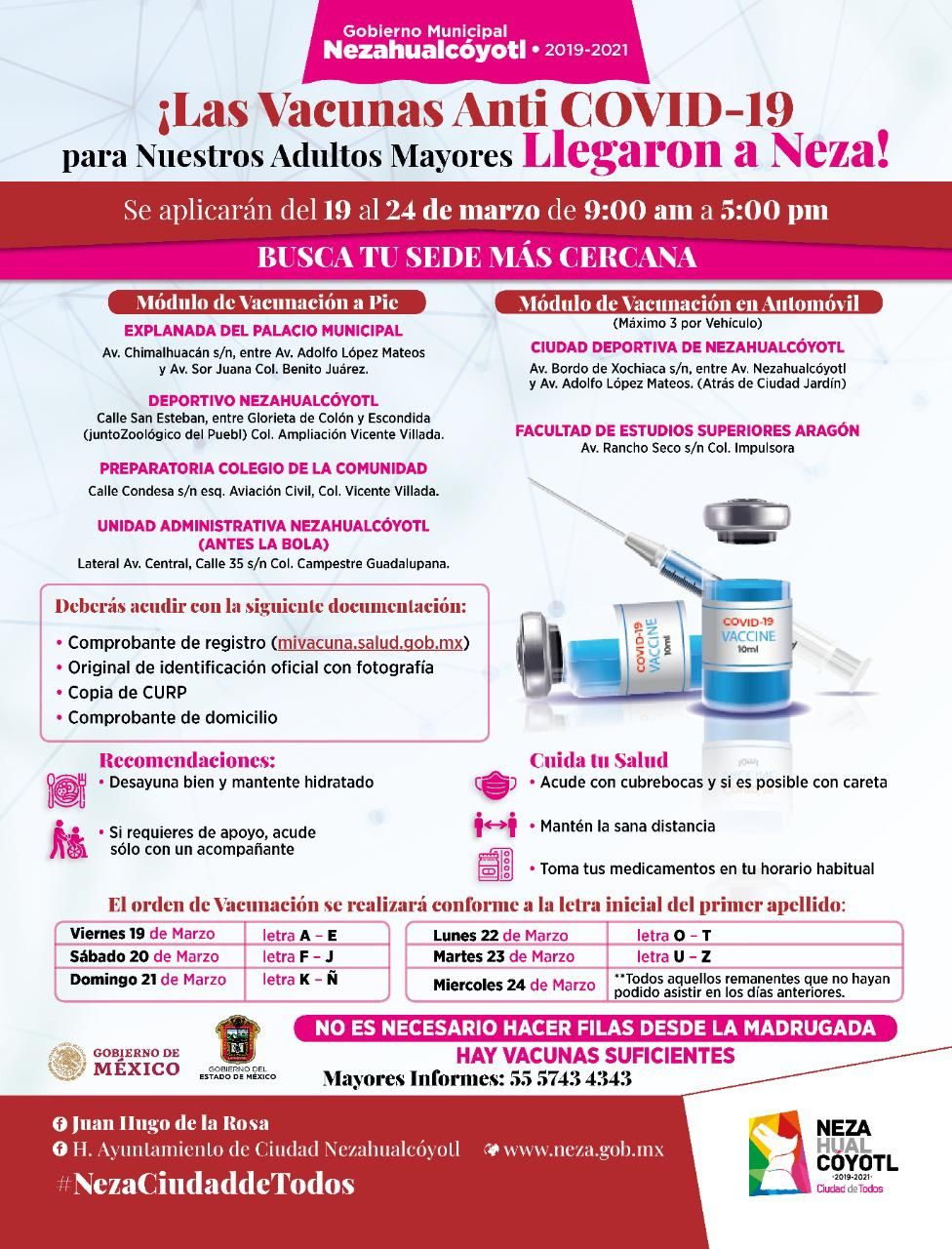 Del 19 al 24 de Marzo vacuna anticovid en Nezahualcóyotl