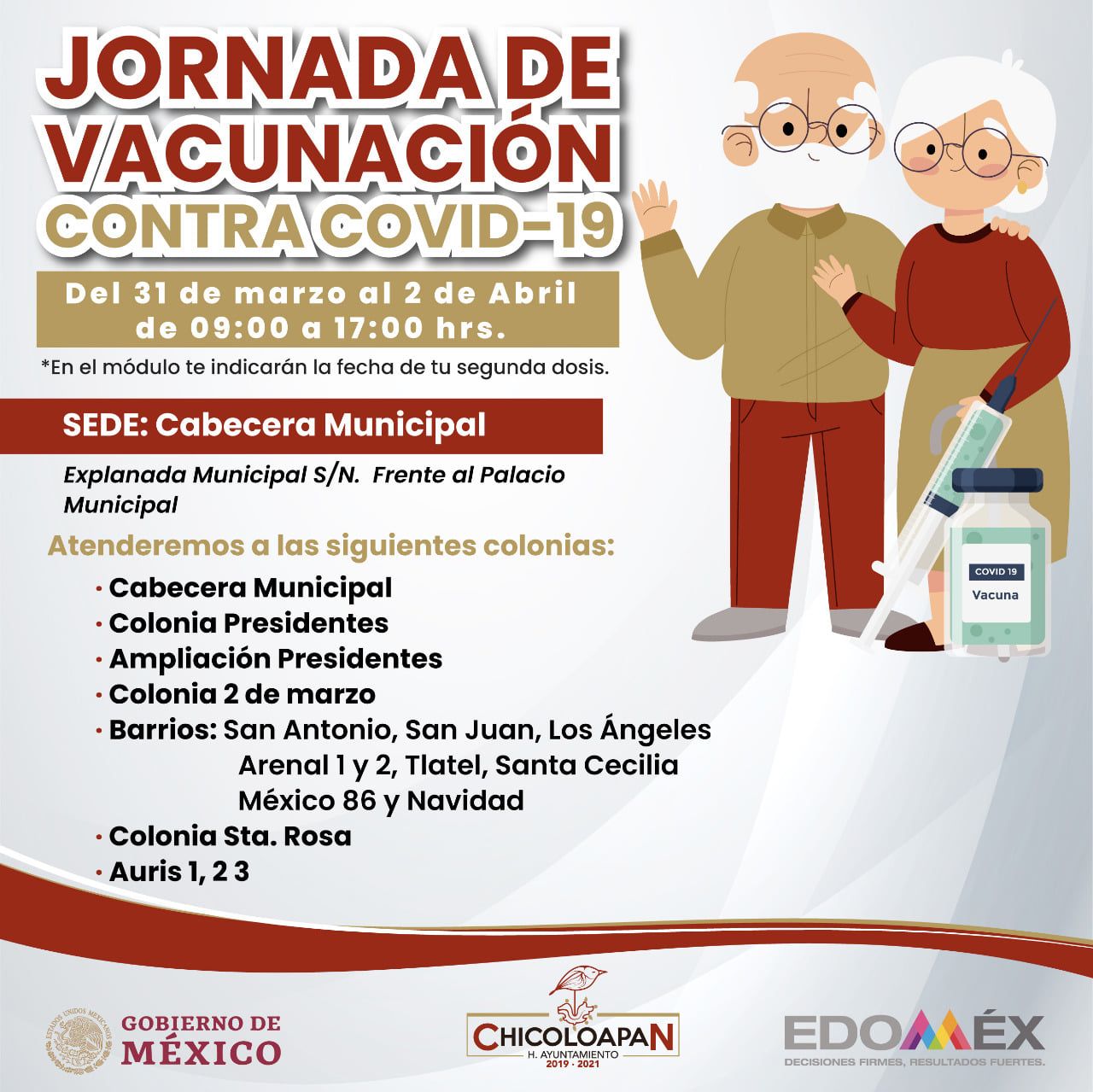 Vacunas contra COVID-19, para adultos mayores, llegan a #Chicoloapan, se aplicarán los días 31 de Marzo, 1 y 2 de abril 
