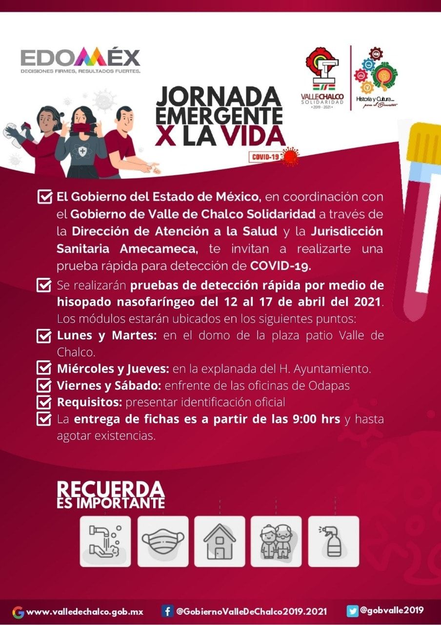En Valle de Chalco preparan jornada de aplicación gratuita de pruebas covid-19