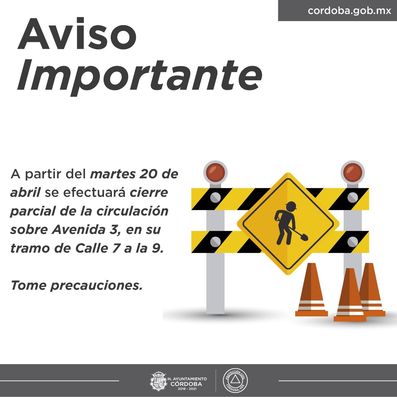 Reducirán circulación vehicular en Avenida 3, recomienda UMPC Córdoba tomar precauciones.