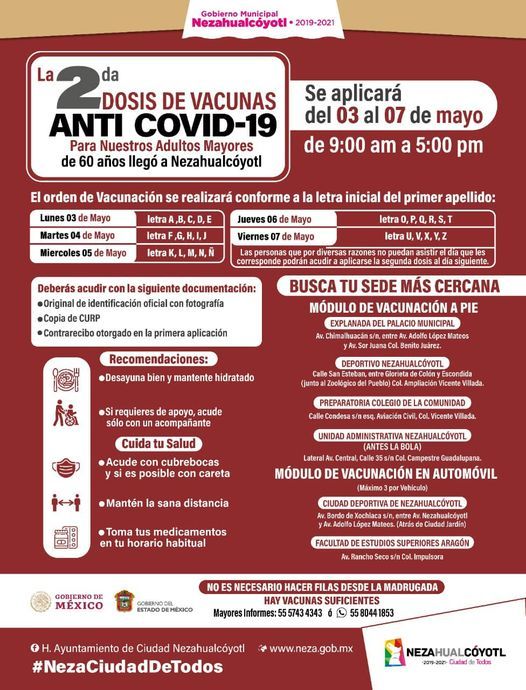 #Nezahualcóyotl inicia este lunes  3 de mayo la segunda aplicación de la vacuna anticovid 19