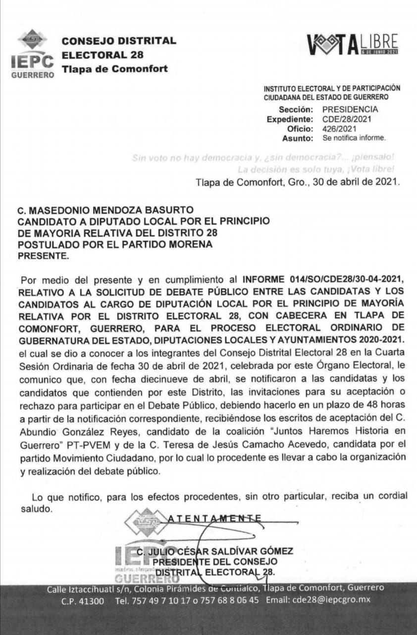 Aprueban 1° debate de candidatos a la diputación en la Montaña solicitado por Morena; declina participar PRI-PRD
